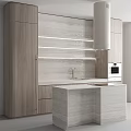 Kitchen With Wooden Cabinets Island White Range Hood Light Stone Backsplash And Built In Oven