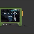 Halo Themed TV with Green and Orange Case Screen Displaying 117 and Connected Cable