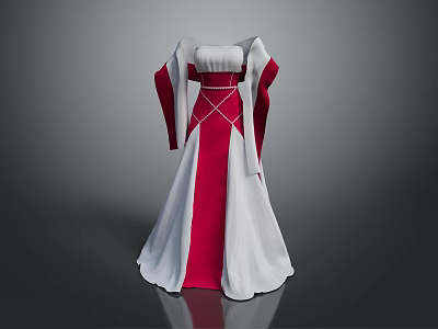 Elegant White And Red Long Sleeve Dress With Fitted Waist And Flowy Skirt 3d model