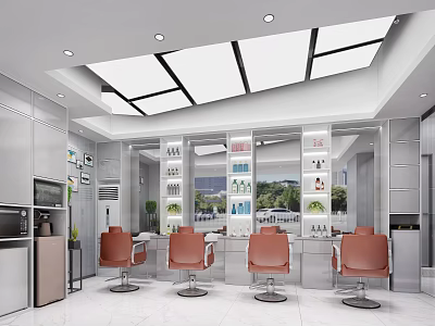 Modern Beauty Salon Interior With Red Salon Chairs Silver Cabinets Mirrors Skylights On Ceiling 3d model