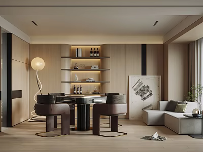 Hotel Chess Room With Modern Design Wooden Walls Round Table And Comfortable Chairs 3d model