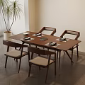 Wooden Dining Table With Four Chairs Plates Potted Plant Light Colored Walls And Wooden Floor