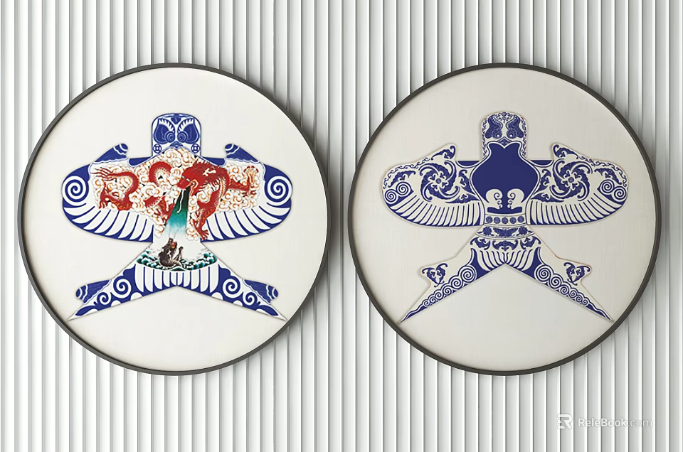 Round Framed Paintings with Red Blue White Bird Patterns and Decorative Art Designs 3d model 