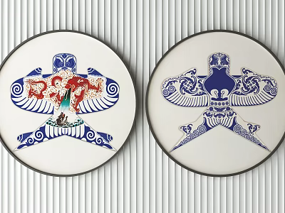 Round Framed Paintings with Red Blue White Bird Patterns and Decorative Art Designs 3d model