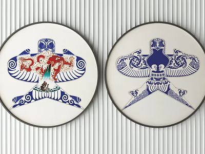 Round Framed Paintings with Red Blue White Bird Patterns and Decorative Art Designs 3d model