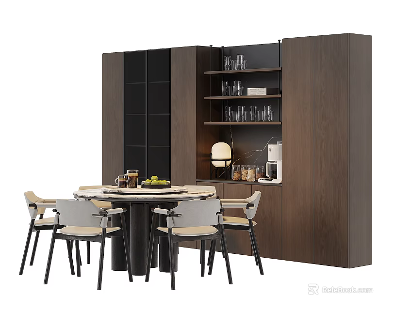 Modern Dining Set With Round Table Chairs Storage Cabinet And Glassware 3d model