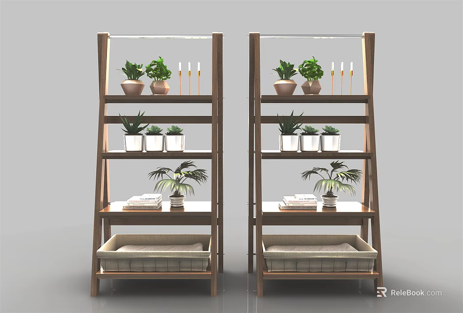 Wooden Ladder Style Plant Stands With Potted Plants And Decorative Shelves For Garden Decor 3d model 