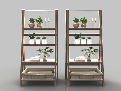 Wooden Ladder Style Plant Stands With Potted Plants And Decorative Shelves For Garden Decor 3d model