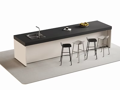 Modern Bar Counter Interior Design With Black Top White Cabinet Sink Fruit Plate And Stools 3d model
