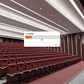 Spacious Stepped Conference Room With Red Seats Ceiling Light Strips And Brown Wooden Walls