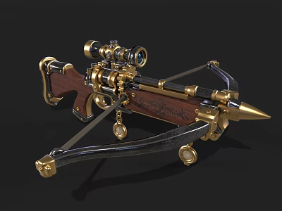 Ornate Brass Crossbow With Wooden Grip Scope And Intricate Engraved Details 3d model