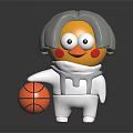 Doll With Gray Hair Yellow Face Big Eyes Red Cheeks In White Spacesuit Holding Basketball