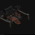 Cartoon Scenery Of Chinese Traditional Architecture With Eaves Roofs Red Umbrellas Steps And Stone Walls
