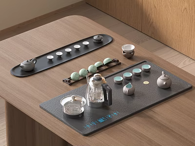 Modern Tea Set With Celadon Teacups Teapot Glass Pitcher On Wooden Tray Table 3d model