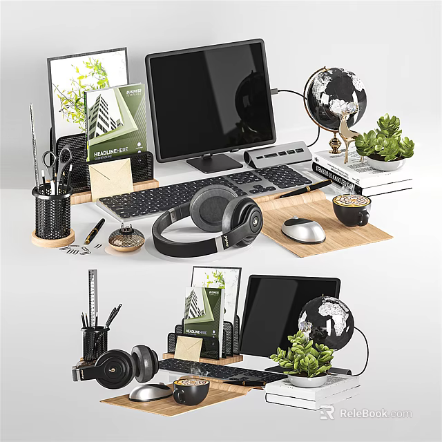 Modern Computer Workspace Setup With Desktop Keyboard Headphones Mouse Globe And Potted Plant 3d model 