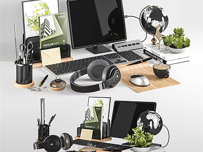 Modern Computer Workspace Setup With Desktop Keyboard Headphones Mouse Globe And Potted Plant 3d model