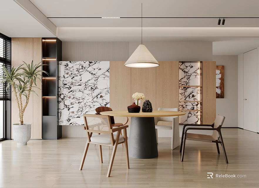 Modern Restaurant Interior Featuring Round Dining Table Chairs Pendant Light Decorative Wall And Green Plant 3d model 