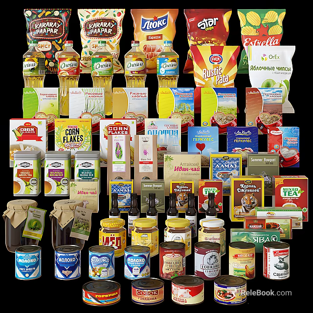 Assorted Packaged Food Products Including Bottled Beverages Boxed Grains And Canned Snacks 3d model 