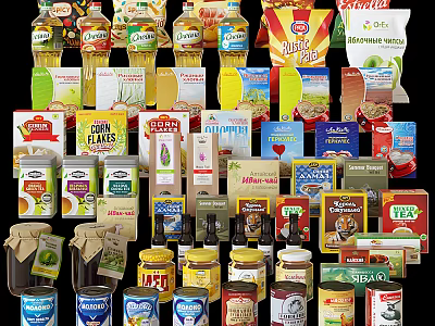 Assorted Packaged Food Products Including Bottled Beverages Boxed Grains And Canned Snacks 3d model