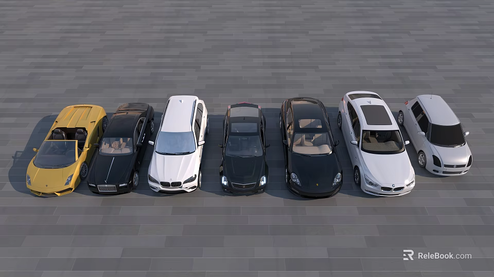 Different Colored Cars Parked In A Row On Gray Pavement With Various Models 3d model 