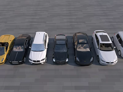 Different Colored Cars Parked In A Row On Gray Pavement With Various Models 3d model