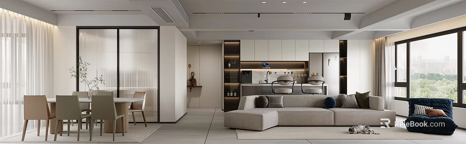 Modern Living and Dining Room Interior with Beige Sofa Dining Table and Neutral Tone Cabinets 3d model 