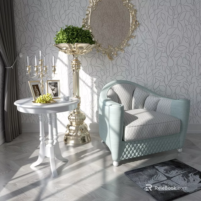 Light Blue Single Sofa with Patterned Wallpaper White Side Table and Golden Decorative Planter 3d model 