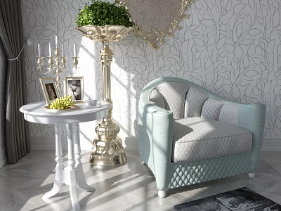 Light Blue Single Sofa with Patterned Wallpaper White Side Table and Golden Decorative Planter 3d model
