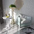 Light Blue Single Sofa with Patterned Wallpaper White Side Table and Golden Decorative Planter