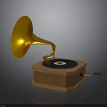 Vintage Gramophone Design With Golden Horn Wooden Base Vinyl Record And Hand Crank