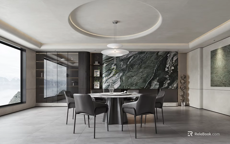 Modern Dining Room Interior Design With Round Table Grey Chairs And Pendant Light 3d model