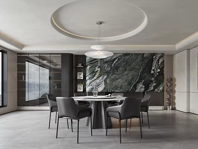 Modern Dining Room Interior Design With Round Table Grey Chairs And Pendant Light 3d model