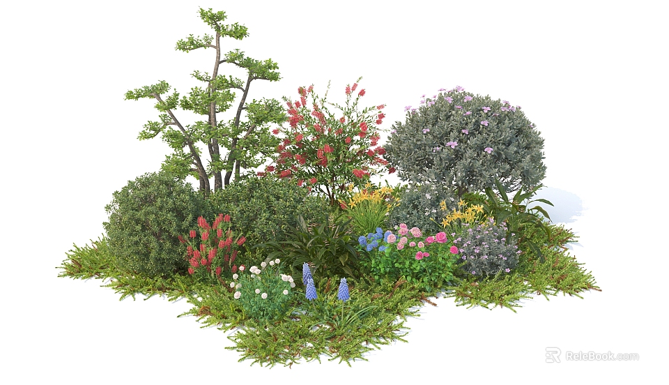 Variety of Colorful Shrubs with Red Pink Purple and Yellow Flowers and Green Foliage 3d model 