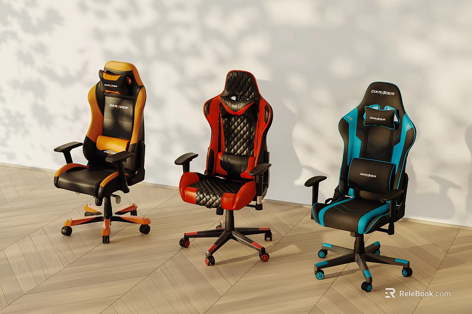 Colorful Gaming Chairs In Orange Red Blue With Ergonomic Design And Wheels 3d model 