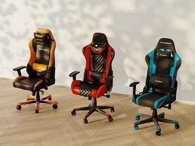 Colorful Gaming Chairs In Orange Red Blue With Ergonomic Design And Wheels 3d model