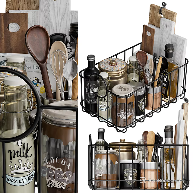 Organized Kitchen Utensils Storage Rack With Cooking Tools Spice Bottles And Jars 3d model
