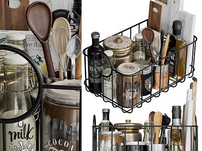 Organized Kitchen Utensils Storage Rack With Cooking Tools Spice Bottles And Jars 3d model