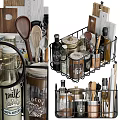 Organized Kitchen Utensils Storage Rack With Cooking Tools Spice Bottles And Jars 3d model
