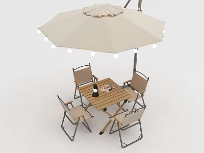 Outdoor Table Set With Four Chairs And Umbrella Featuring String Lights 3d model