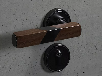 Sleek Wooden Door Handle With Black Metal Accents On Grey Door Surface 3d model