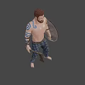 Muscular Shirtless Tattooed Man In Plaid Pants Holding Axes Standing In Neutral Background