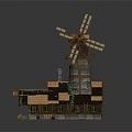Cartoon Windmill Cottage Scene With Orange Roof Green Vines And Stone Base
