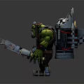 Fantasy Orc Game Character With Green Skin Spiked Helmet And Armored Body Clutching Sharp Weapon