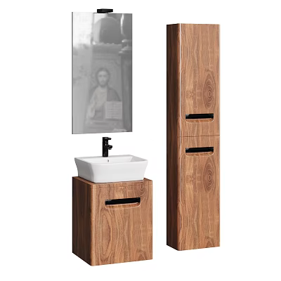 Wooden Bathroom Vanity Unit With White Basin Black Faucet And Tall Storage Cabinet 3d model