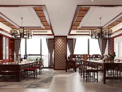 Traditional Office Interior Design With Wooden Tables Chairs Chandeliers Windows Screen And Rug 3d model
