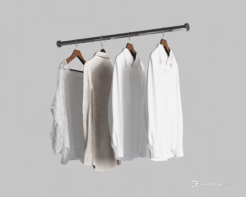 Clothes Hanging On Metal Rod With Wooden Hangers And White Beige Shirts 3d model 