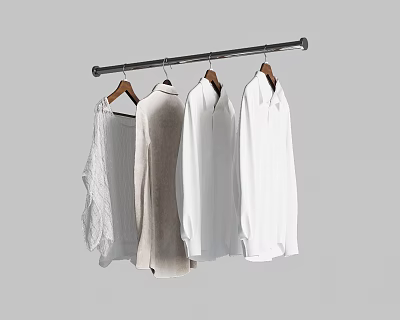 Clothes Hanging On Metal Rod With Wooden Hangers And White Beige Shirts 3d model