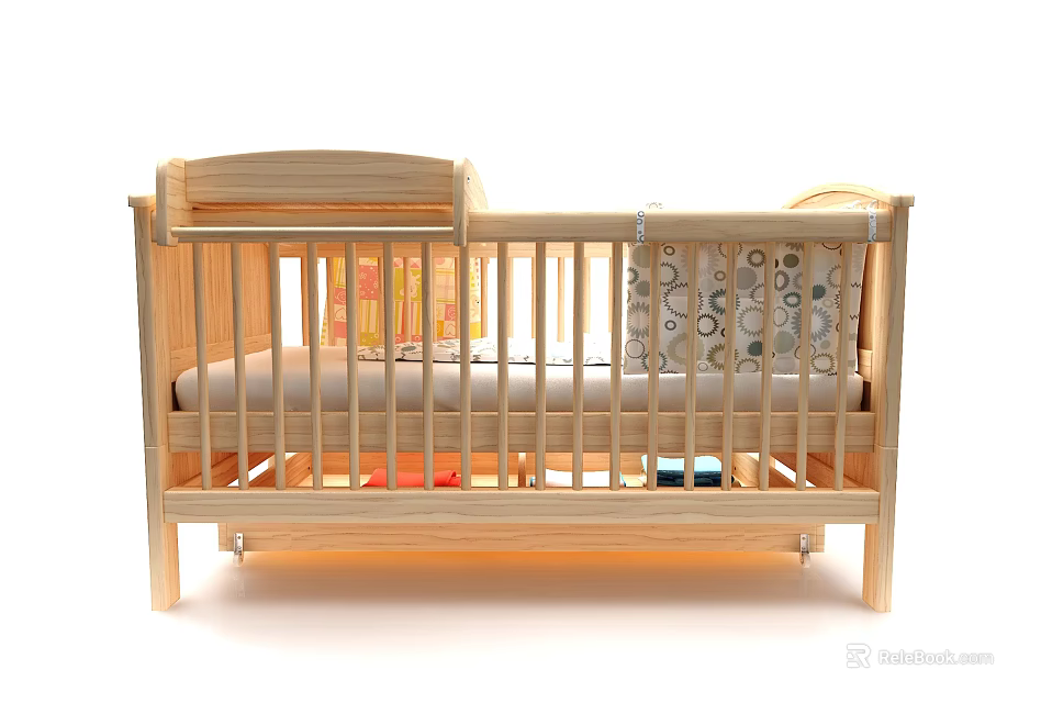 Wooden Baby Crib With Natural Wood Finish Safety Rail And Comfortable Mattress 3d model 