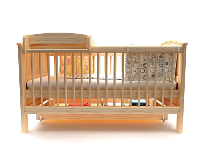 Wooden Baby Crib With Natural Wood Finish Safety Rail And Comfortable Mattress 3d model