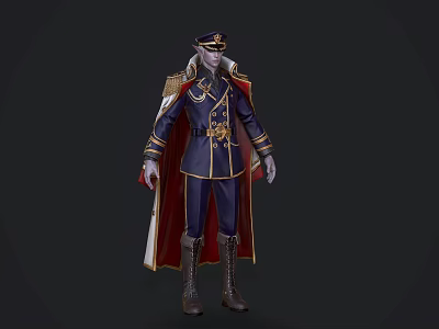 Noble Game Movie Character With Navy Blue Uniform Golden Accents And Red Cape 3d model